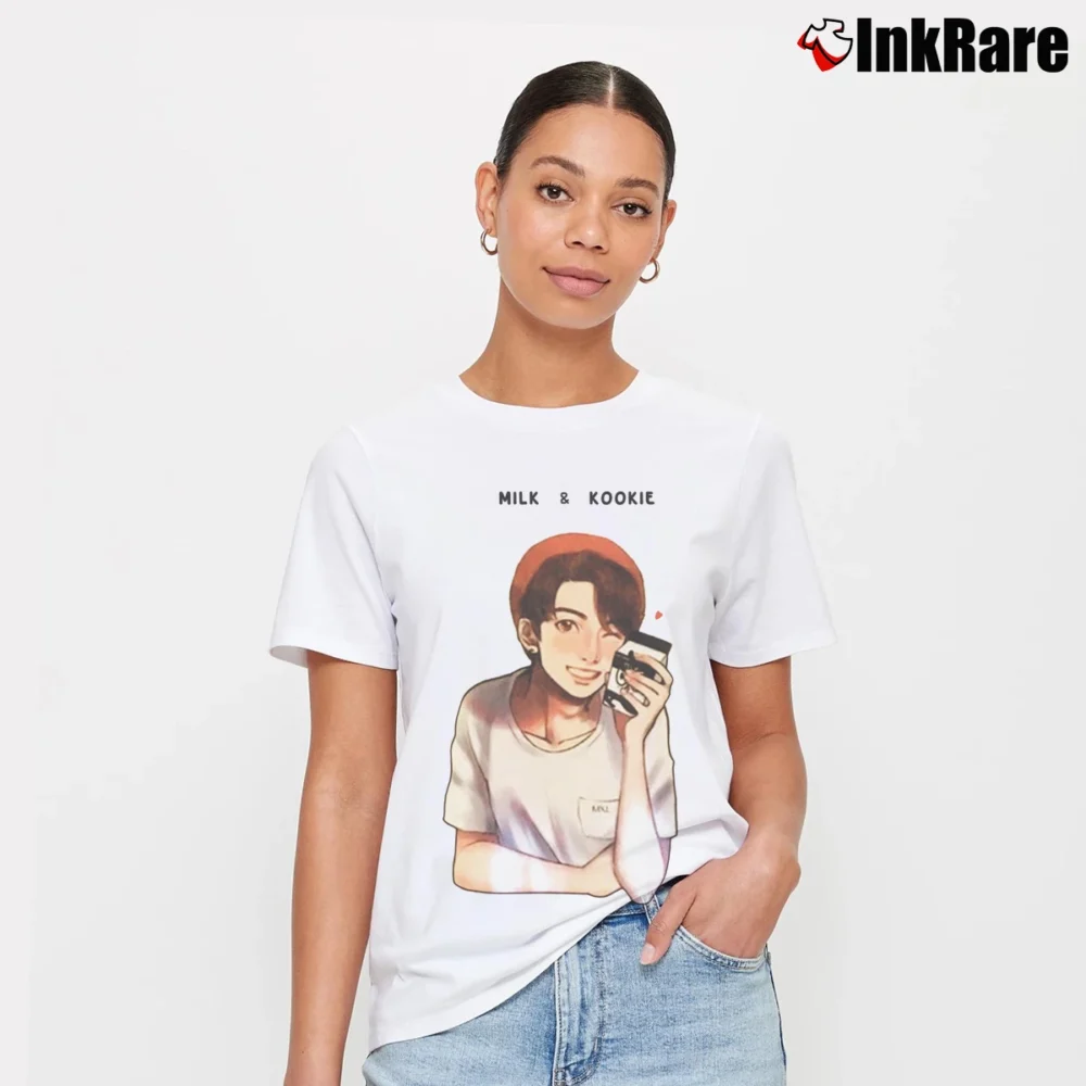 Women’s Bts Jungkook Milk And Kookie Kpop Fan Signature T-Shirt in white | Soft, Flattering Fit