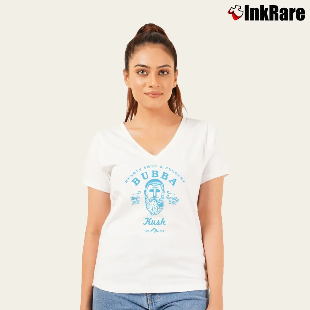Women’s Bubba Kush Cannabis Strain V-Neck Tee in white | Chic Neckline, Soft Texture