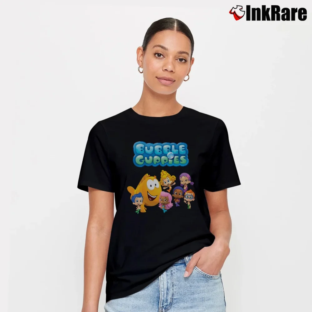Women’s Bubble Guppies Retro Cartoon Signature T-Shirt in black | Soft, Flattering Fit