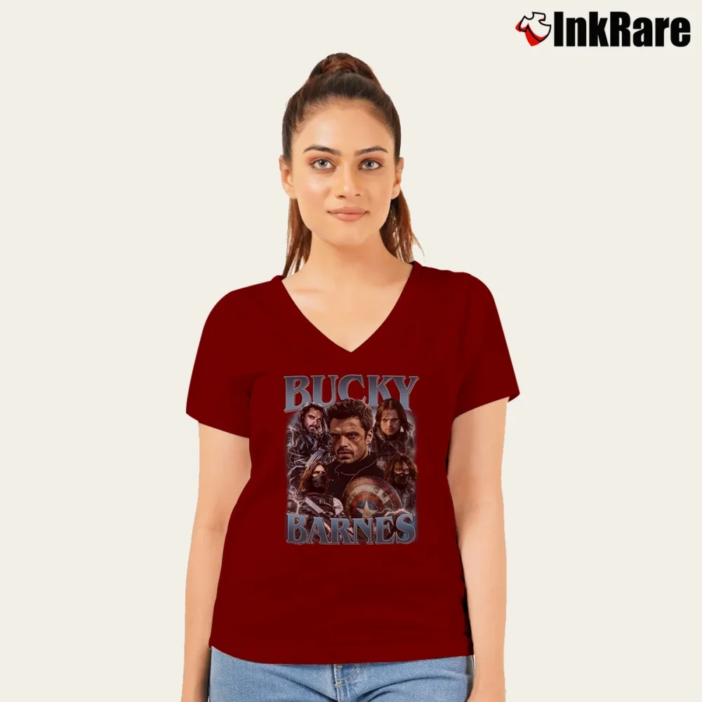Women’s Bucky Barnes Winter Soldier V-Neck Tee in maroon | Chic Neckline, Soft Texture