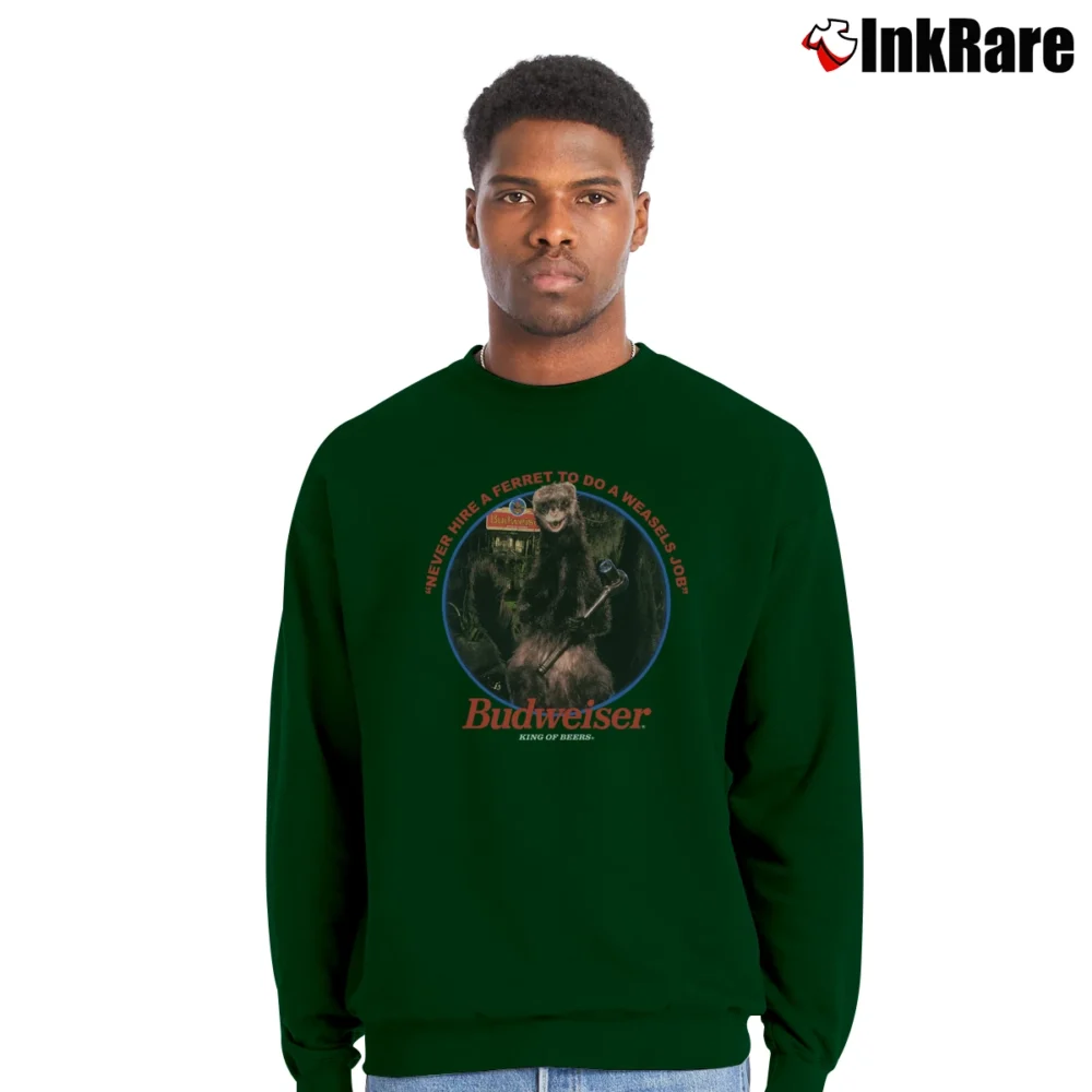 Men’s Budweiser Frogs Ferret Mascots Beer 90s Crewneck Sweatshirt in forest green | Cozy Fabric, Clean Style