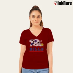 Women’s Buffalo Bills Joe Cool Snoopy And Woodstock V-Neck Tee in maroon | Chic Neckline, Soft Texture
