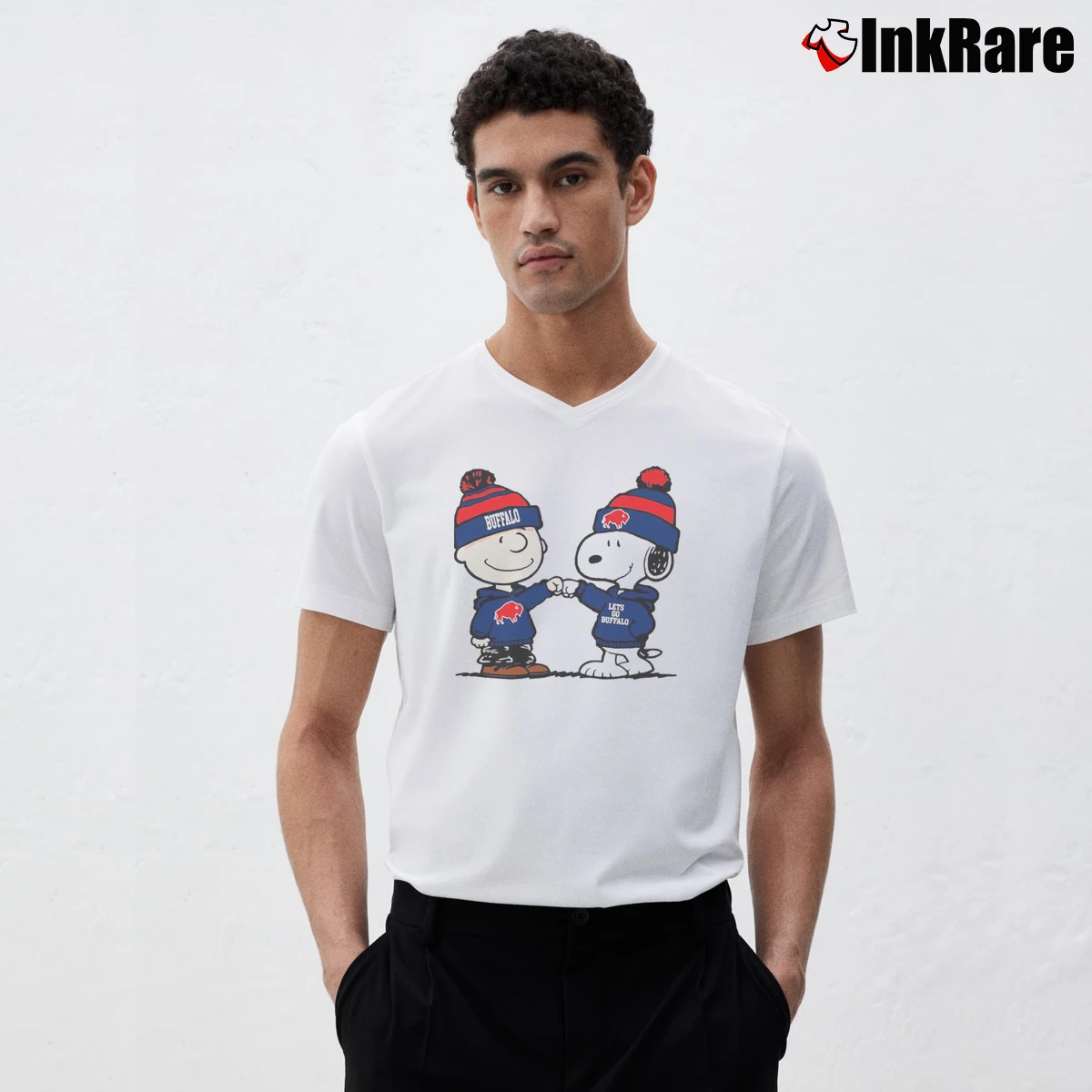 buffalo bills snoopy and charlie brown punch Men’s V-Neck Tee in white – Modern Essential Men’s buffalo bills snoopy and charlie brown punch V-Neck Tee in white | Sharp, Breathable, Everyday Staple