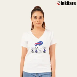 Women’s Buffalo Bills Snoopy Charlie Brown And Friends V-Neck Tee in white | Chic Neckline, Soft Texture