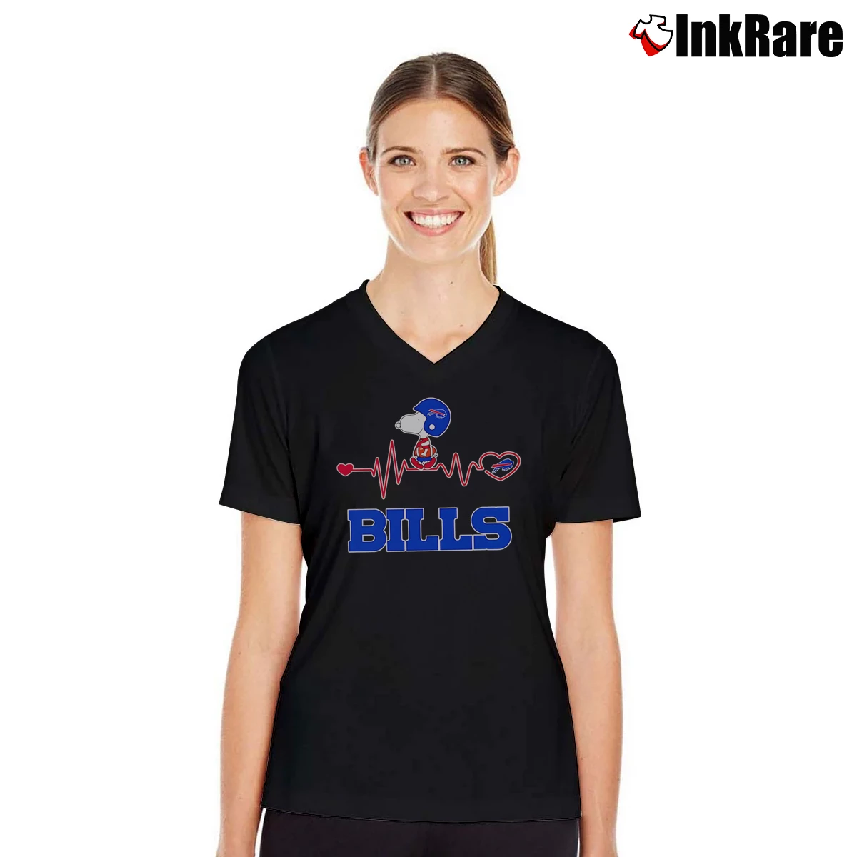 buffalo bills snoopy walking on heartbeat football Women’s V-Neck Tee in black – Flattering Fit Women’s buffalo bills snoopy walking on heartbeat football V-Neck Tee in black | Chic Neckline, Soft Texture
