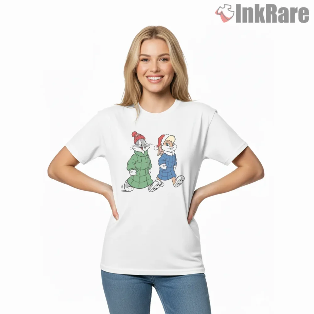 Bugs And Lola Bunny Christmas Winter Couple Shirt on white short sleeve shirt for women graphic tee