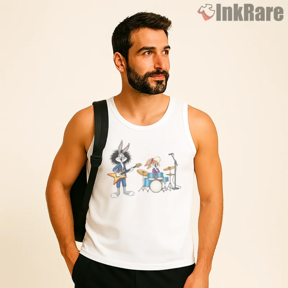 Bugs And Lola Bunny Neon Rock Stage Shirt on white tank top for men graphic tee