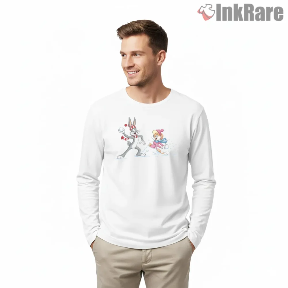 Bugs And Lola Bunny Snow Drift Fight Shirt on white long sleeve shirt for men graphic tee