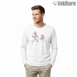 Bugs And Lola Bunny Snow Drift Fight Shirt on white long sleeve shirt for men graphic tee
