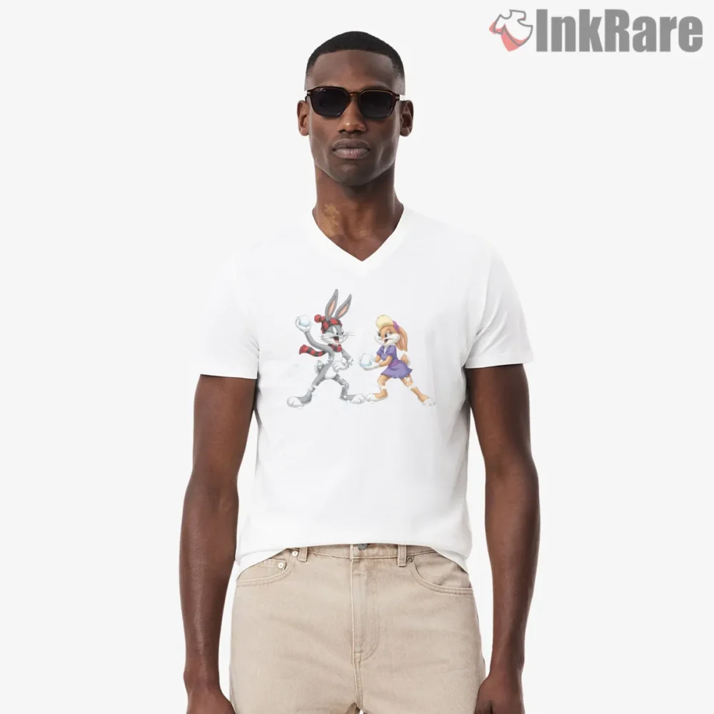 Bugs And Lola Bunny Snowball Chase Shirt on white v-neck shirt for men graphic tee