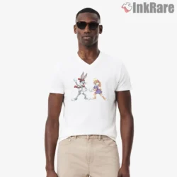 Bugs And Lola Bunny Snowball Chase Shirt on white v-neck shirt for men graphic tee