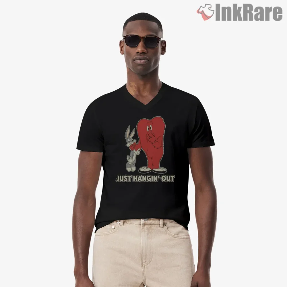 Bugs Bunny And Gossamer Just Hangin Out Shirt on black v-neck shirt for men graphic tee