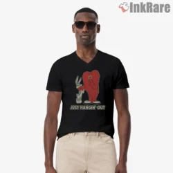 Bugs Bunny And Gossamer Just Hangin Out Shirt on black v-neck shirt for men graphic tee