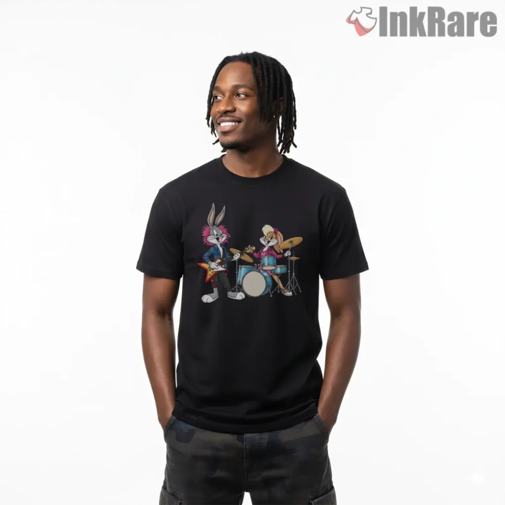 Bugs Bunny And Lola Bunny Cartoon Rock Band Shirt on black short sleeve shirt for men graphic tee