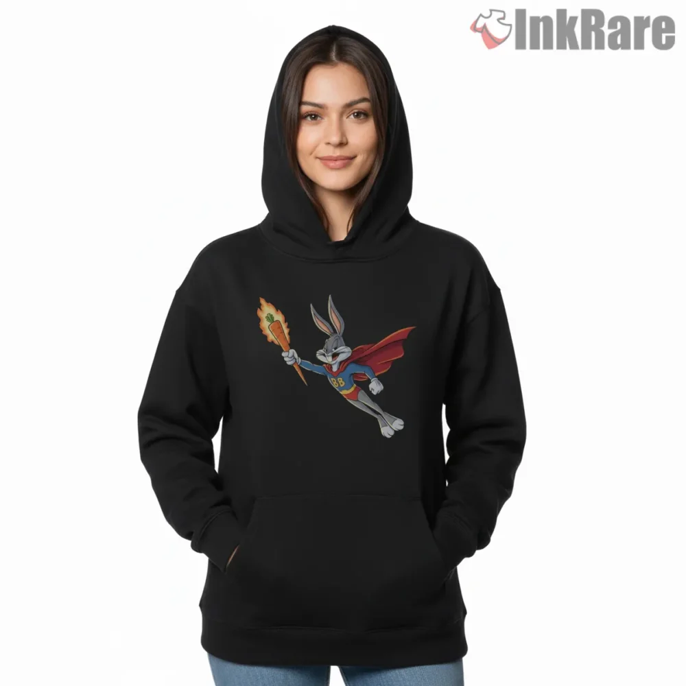 Bugs Bunny Burning Carrot Hero Shirt on black hoodie for women graphic tee