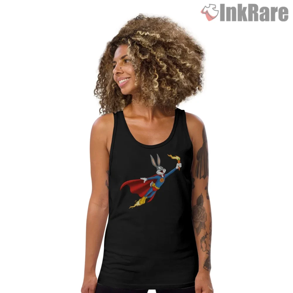 Bugs Bunny Carrot Torch Superhero Shirt on black tank top for women graphic tee