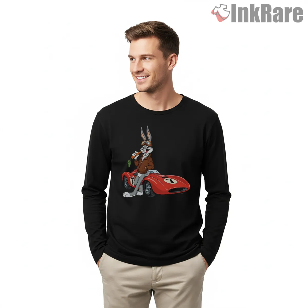 Bugs Bunny Classic Red Roadster Shirt on black long sleeve shirt for men graphic tee