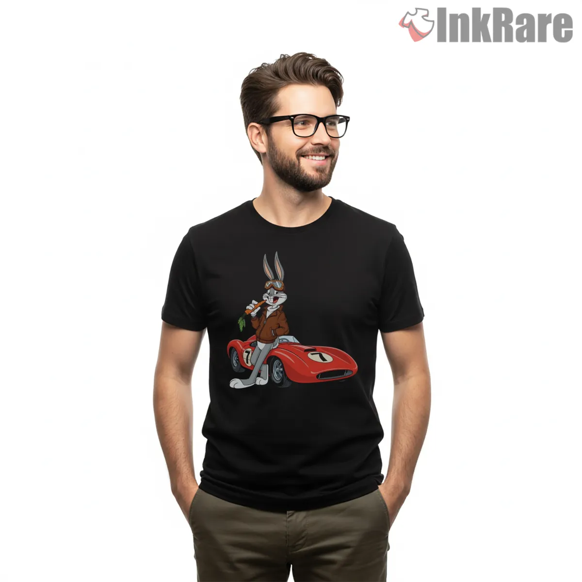 Bugs Bunny Classic Red Roadster Short Sleeve Black Bugs Bunny Classic Red Roadster Shirt on black short sleeve shirt for men graphic tee