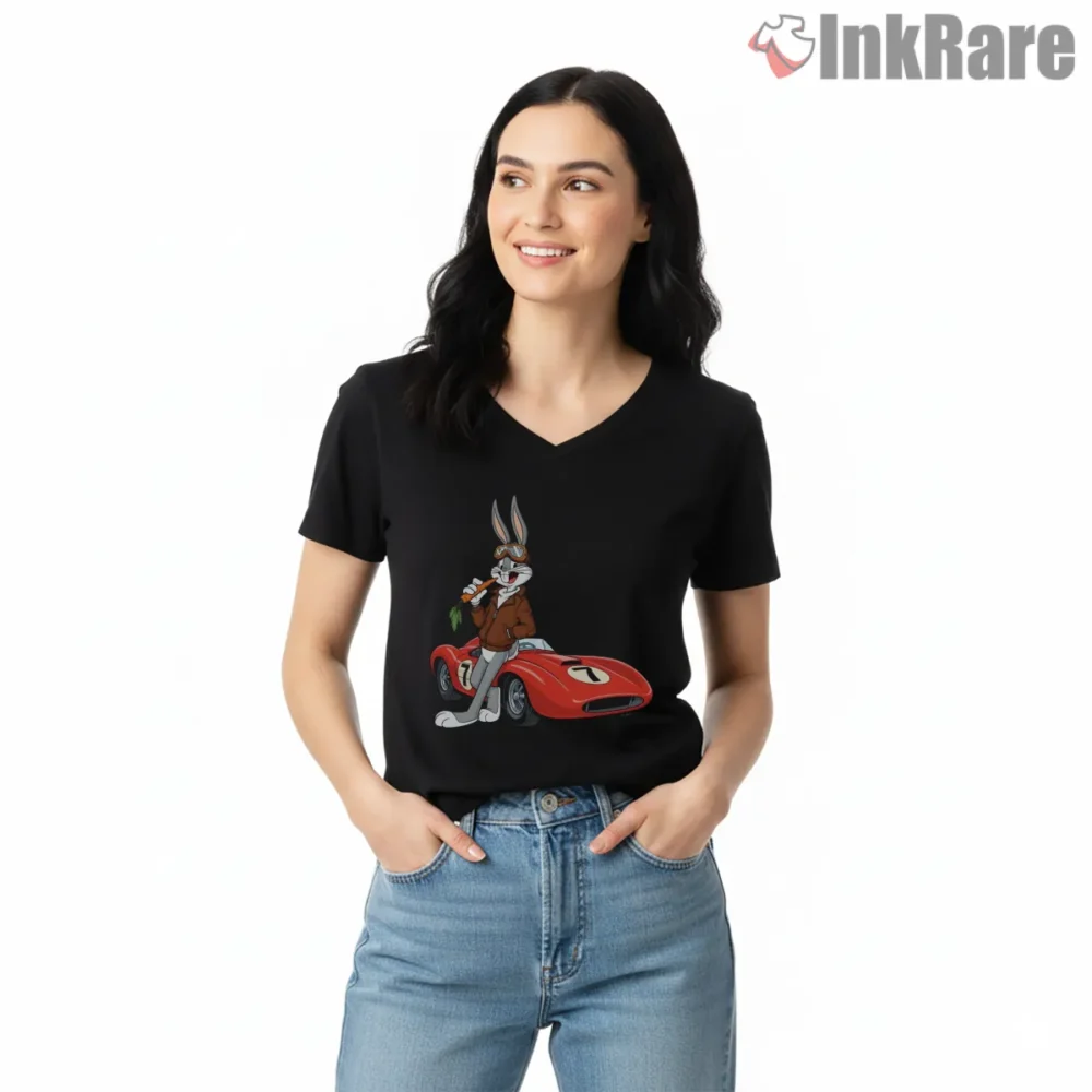 Bugs Bunny Classic Red Roadster Shirt on black v-neck shirt for women graphic tee