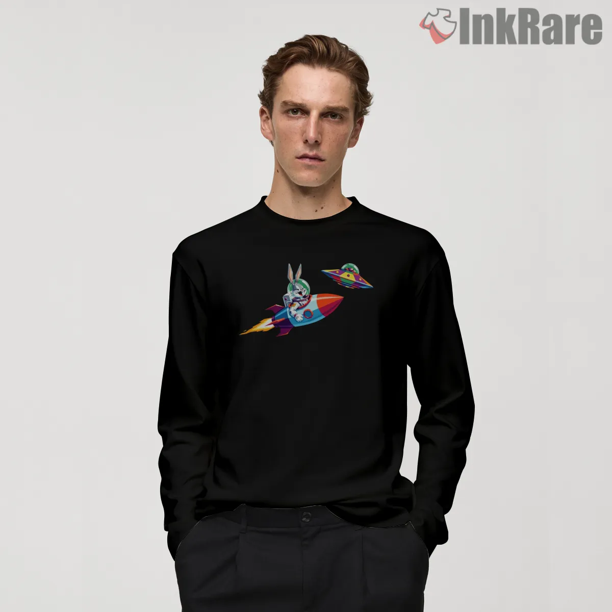 Bugs Bunny Colorful Rocket Ride Shirt on black long sleeve shirt for men graphic tee