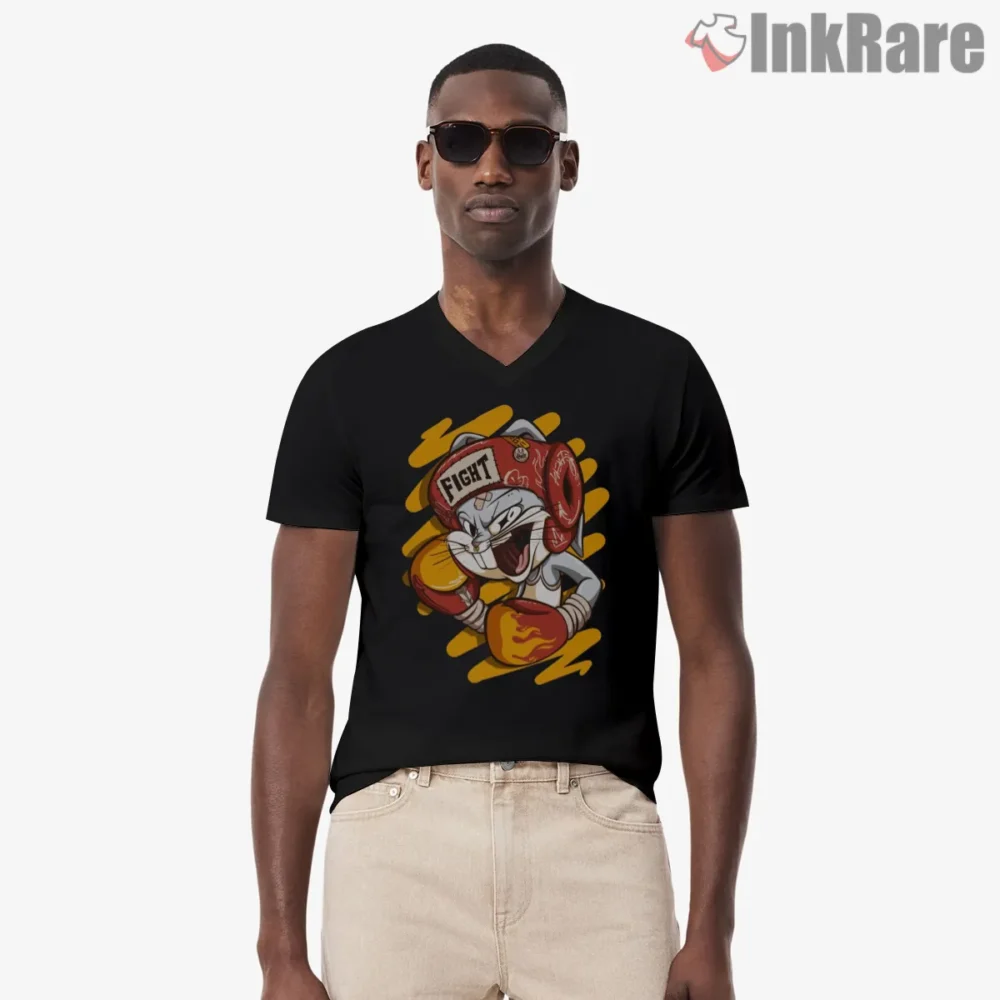 Bugs Bunny Fight Mode Boxing Helmet Shirt on black v-neck shirt for men graphic tee