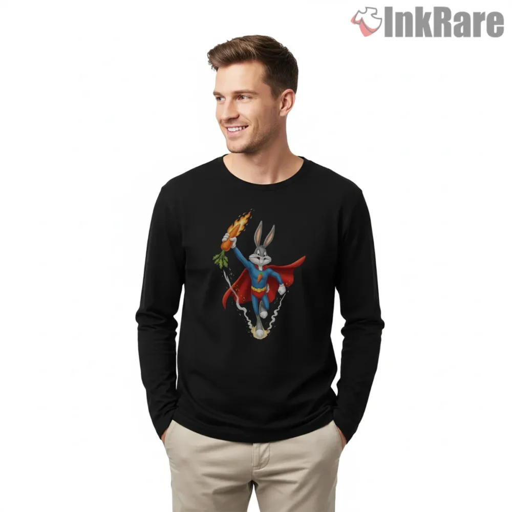 Bugs Bunny Heroic Carrot Crusader Shirt on black long sleeve shirt for men graphic tee