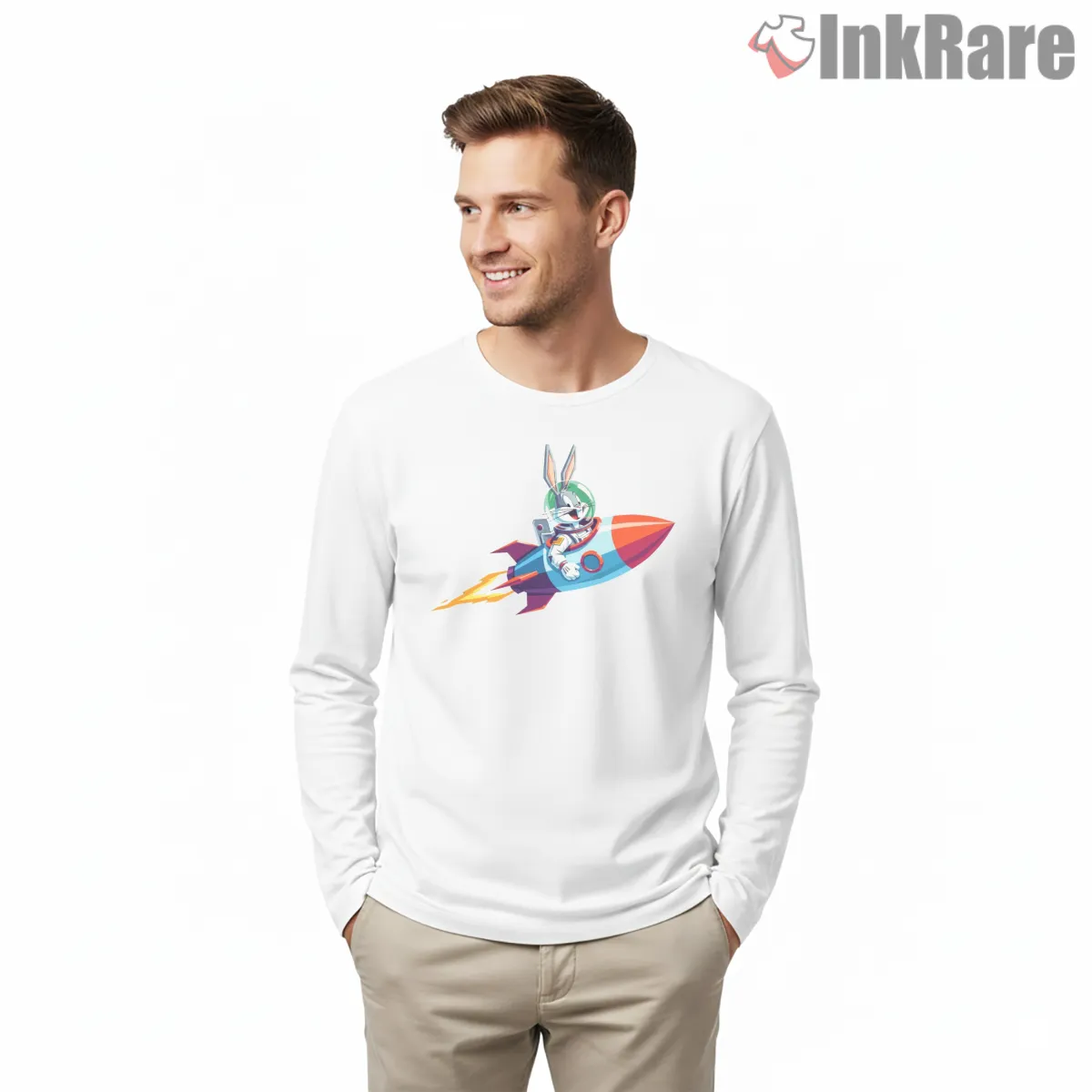 Bugs Bunny Neon Rocket Rider Shirt on white long sleeve shirt for men graphic tee
