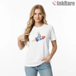 Bugs Bunny Neon Rocket Rider Shirt on white short sleeve shirt for women graphic tee