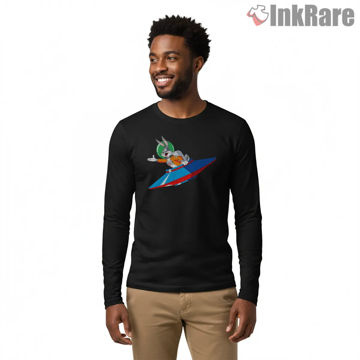 Bugs Bunny Neon Ufo Spaceship Shirt on black long sleeve shirt for men graphic tee