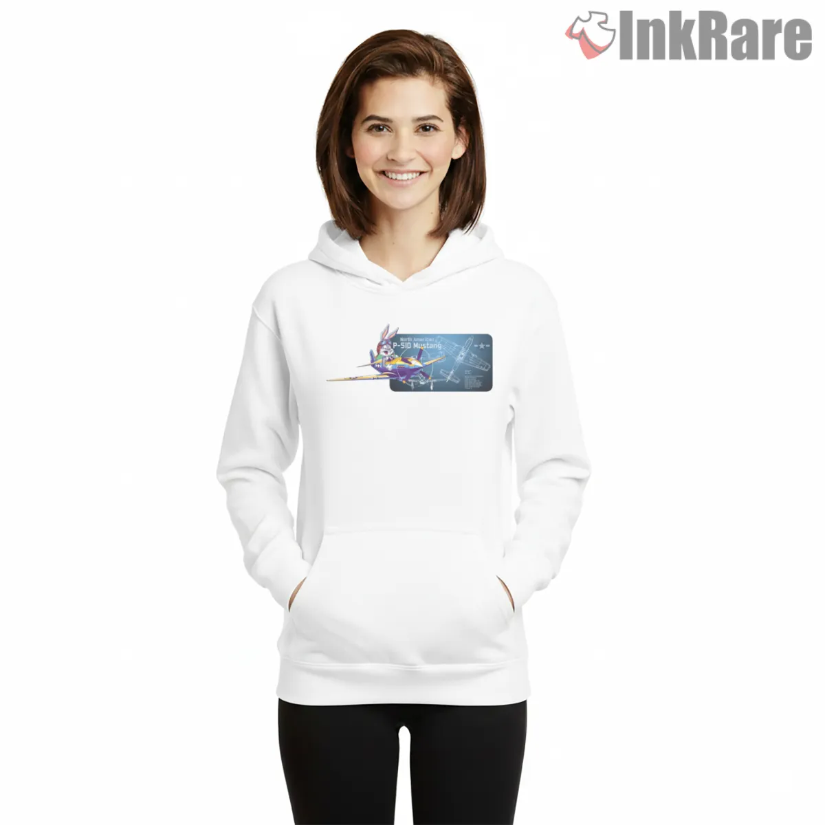 Bugs Bunny P51 Mustang Blueprint Flight Shirt on white hoodie for women graphic tee