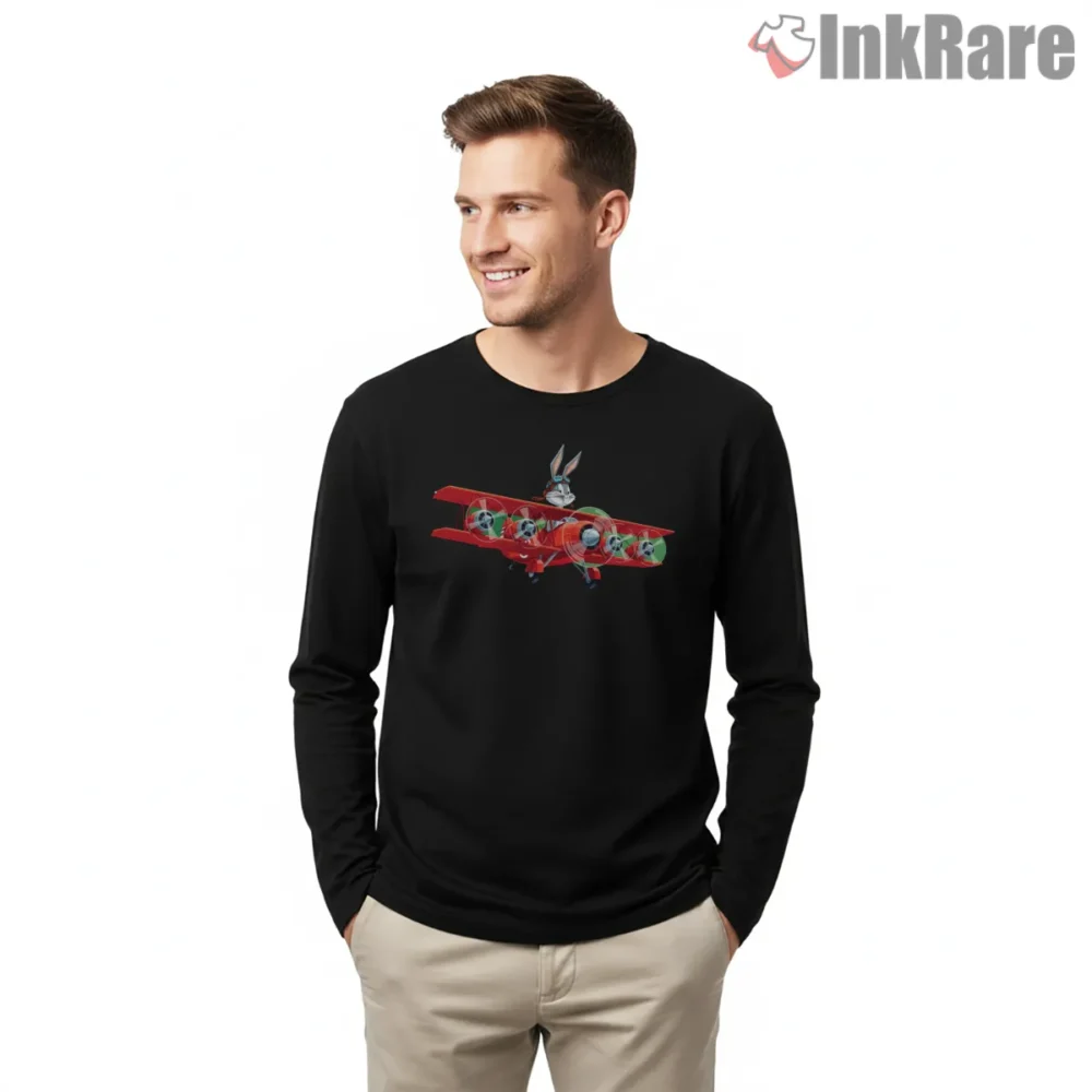 Bugs Bunny P51 Mustang Flight Shirt on black long sleeve shirt for men graphic tee