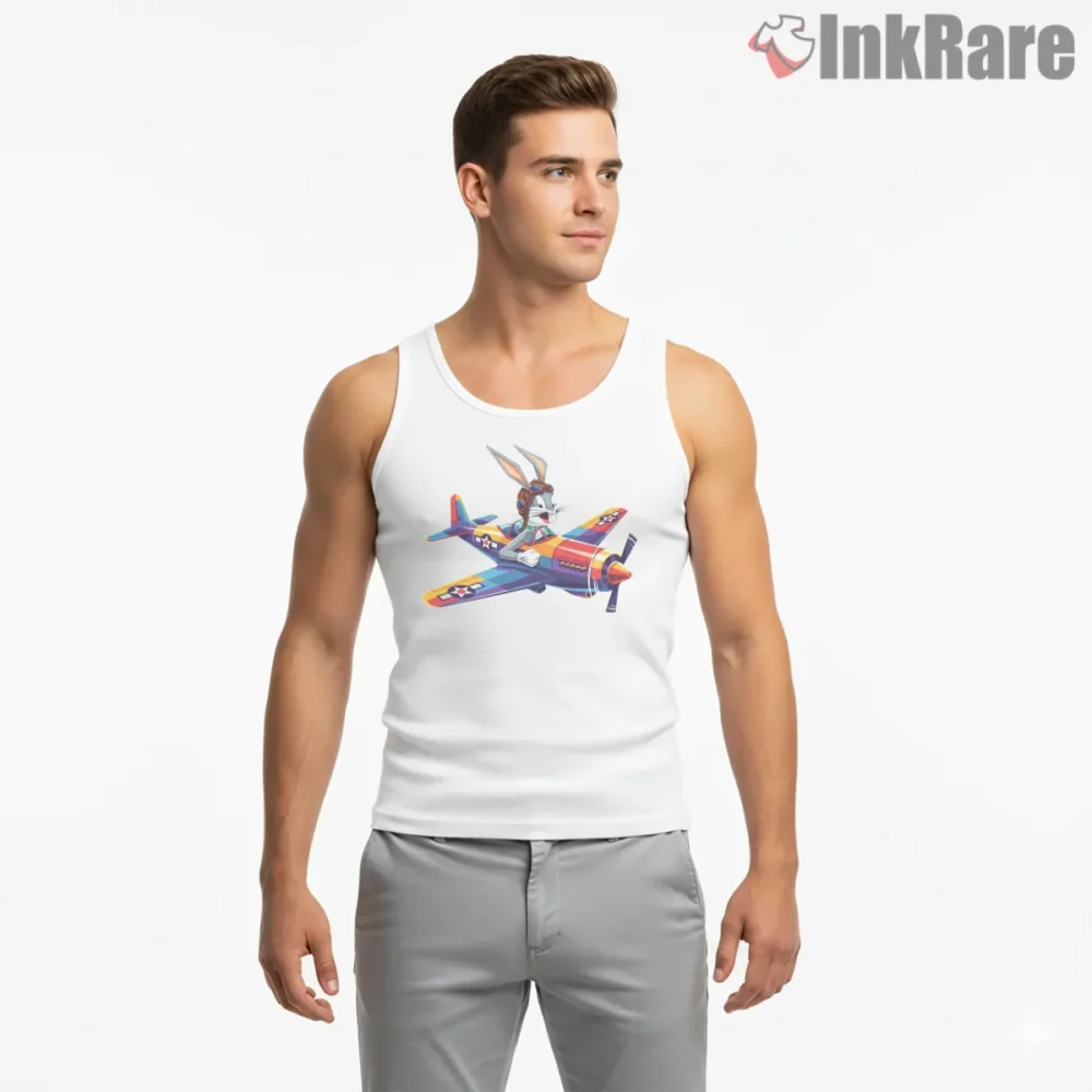 Bugs Bunny P51 Mustang Nose Art Shirt on white tank top for men graphic tee