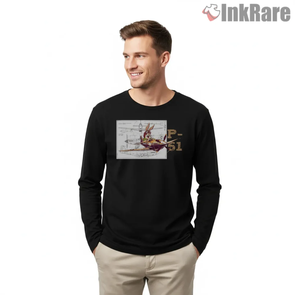 Bugs Bunny P51 Mustang Pilot Shirt on black long sleeve shirt for men graphic tee