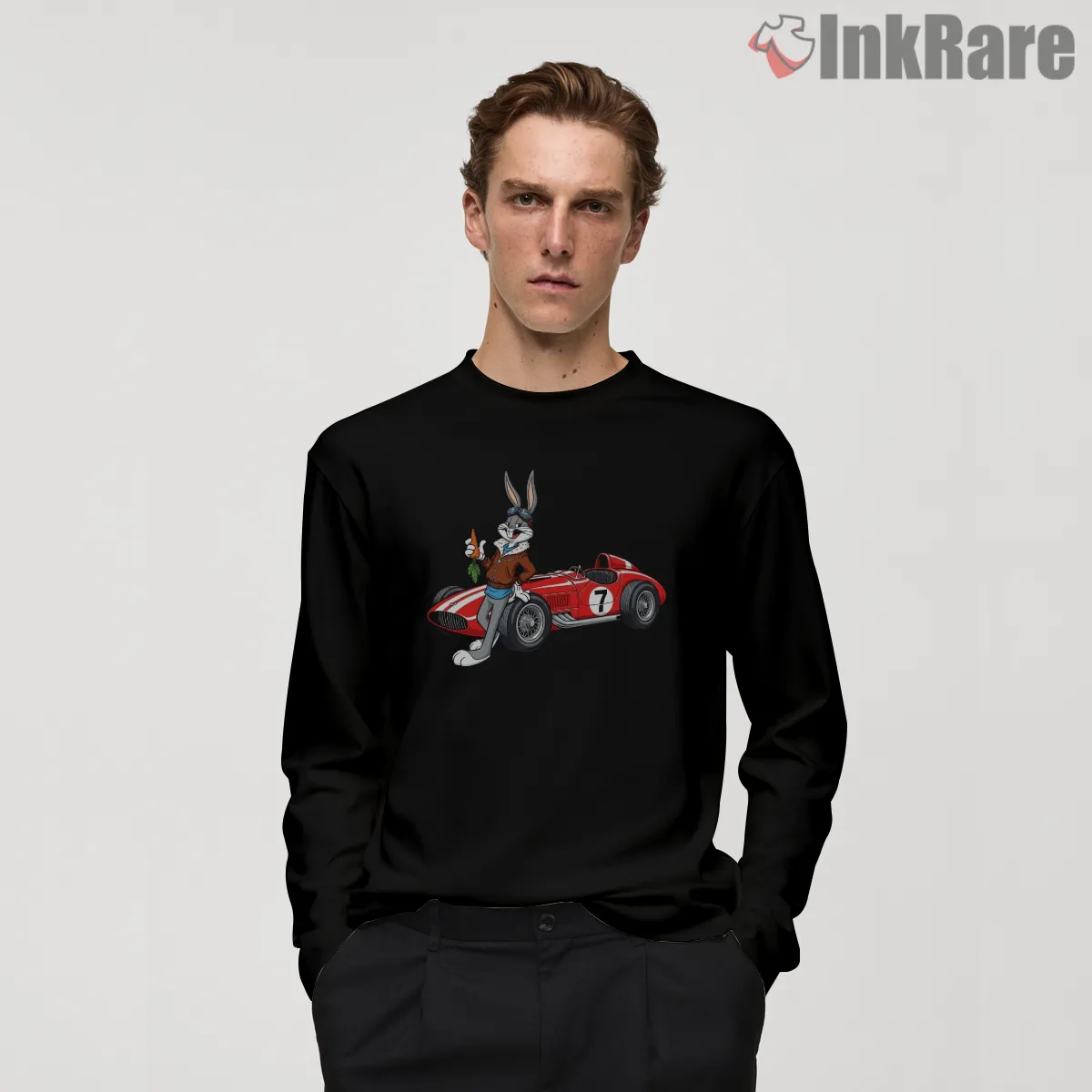 Bugs Bunny Racer Pit Stop Shirt on black long sleeve shirt for men graphic tee
