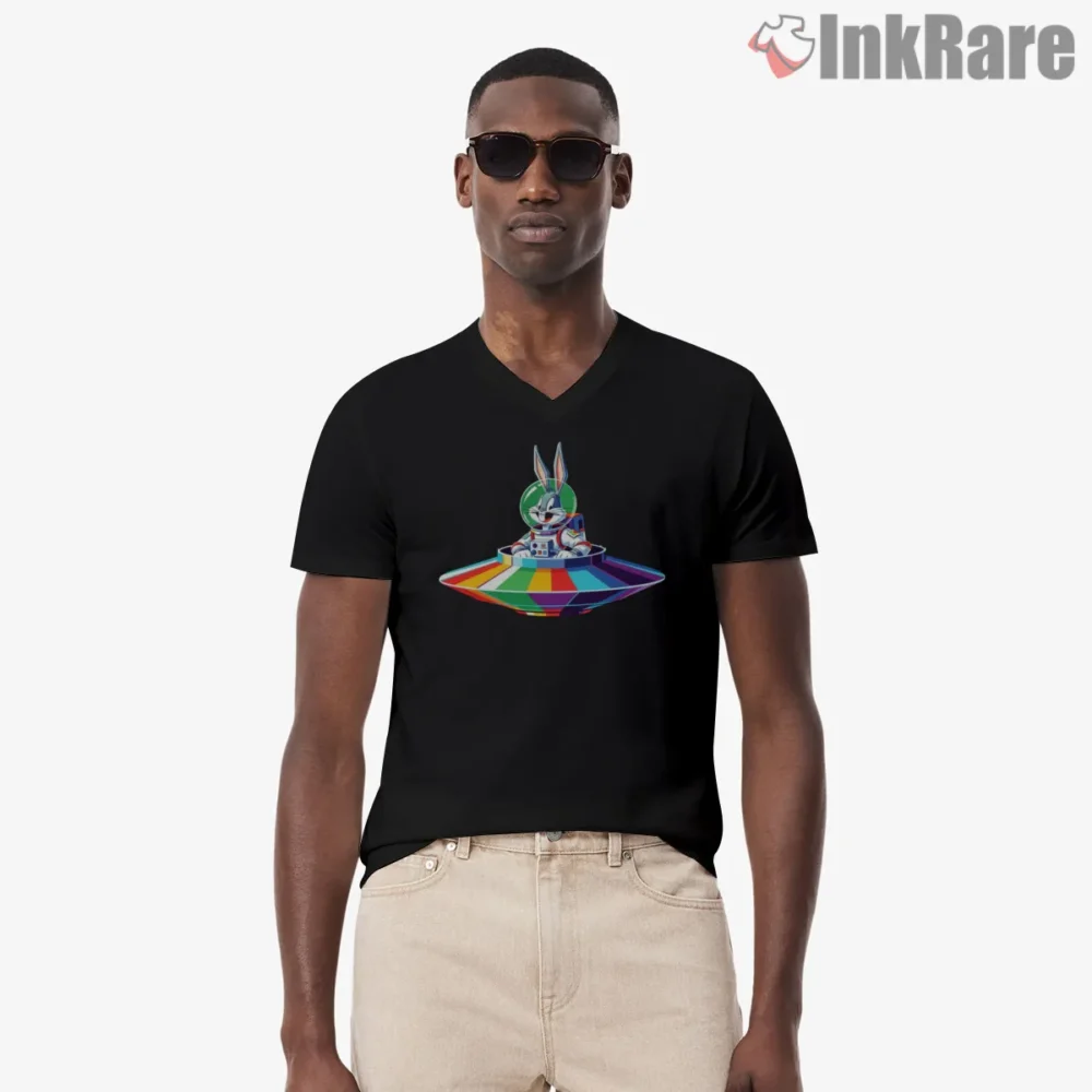 Bugs Bunny Rainbow Ufo Spaceship Shirt on black v-neck shirt for men graphic tee