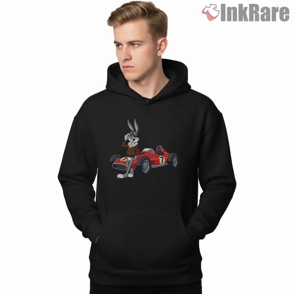 Bugs Bunny Retro Racing Driver Shirt on black hoodie for men graphic tee