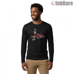 Bugs Bunny Retro Racing Driver Shirt on black long sleeve shirt for men graphic tee