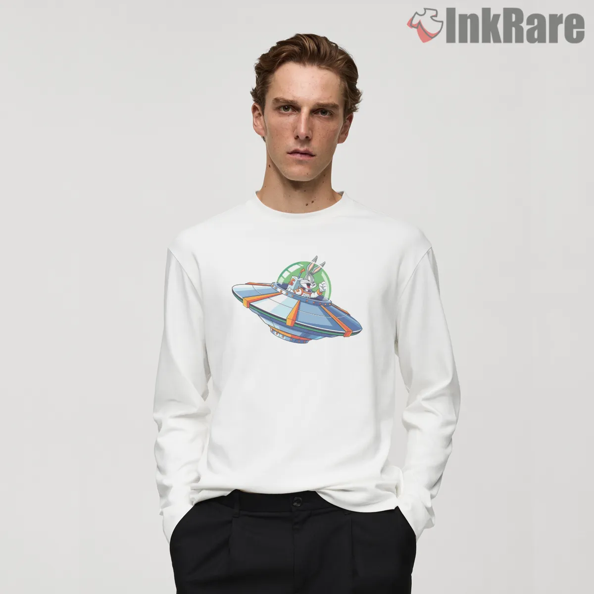 Bugs Bunny Retro Saucer Pilot Shirt on white long sleeve shirt for men graphic tee