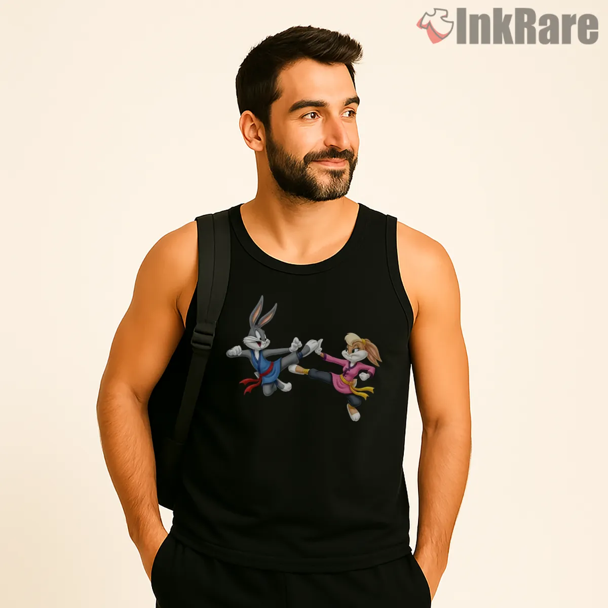 Bugs Bunny Vs Lola Bunny Karate Duel Shirt on black tank top for men graphic tee