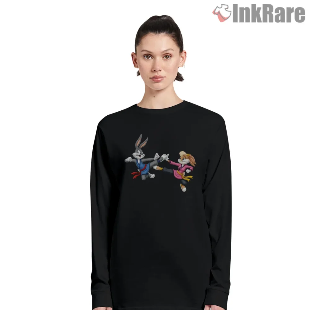 Bugs Bunny Vs Lola Bunny Karate Duel Shirt on black long sleeve shirt for women graphic tee