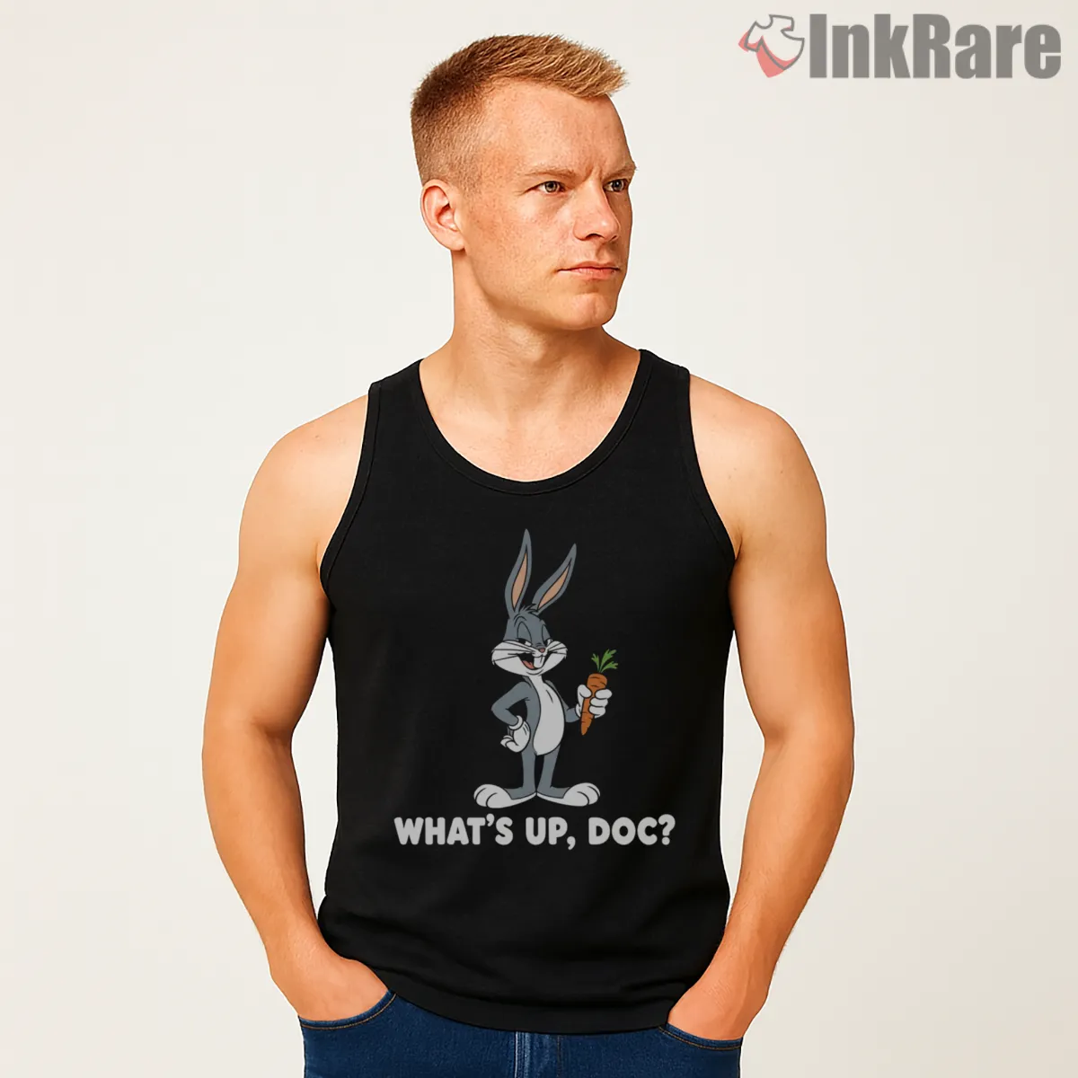 Bugs Bunny Whats Up Doc Classic Shirt on black tank top for men graphic tee