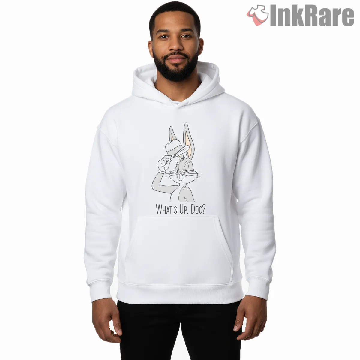 Bugs Bunny Whats Up Doc Hat Tip Shirt on white hoodie for men graphic tee