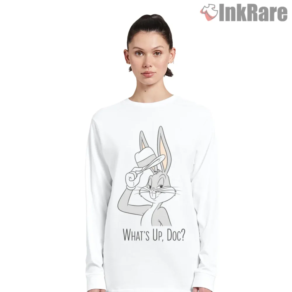Bugs Bunny Whats Up Doc Hat Tip Shirt on white long sleeve shirt for women graphic tee