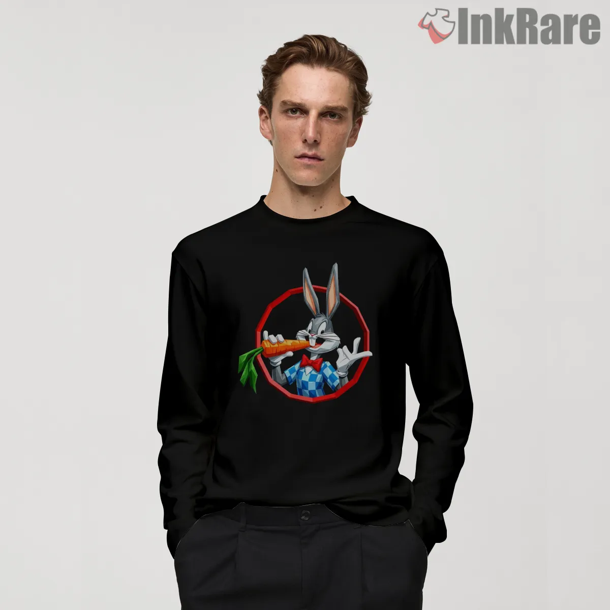 Bugs Bunny Whats Up Doc Portrait Shirt on black long sleeve shirt for men graphic tee