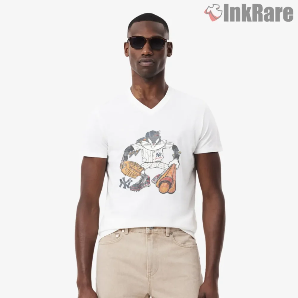 Bugs Bunny Yankees Batter Shirt cartoon slugger crouched with glove and bats on white