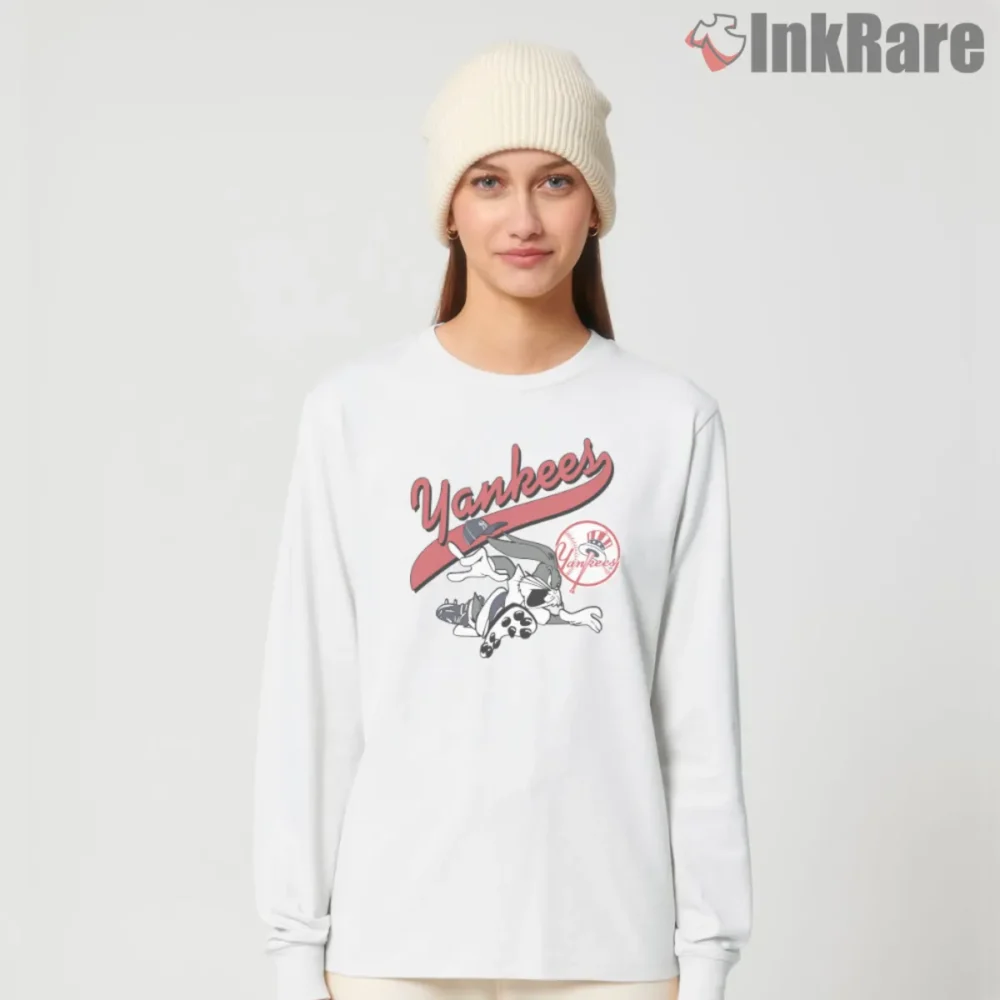 Bugs Bunny Yankees Script Shirt with 1989 sliding play graphic on white