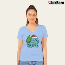 Women’s Bulbasaur Pokemon Christmas Festive Gift V-Neck Tee in light blue | Chic Neckline, Soft Texture