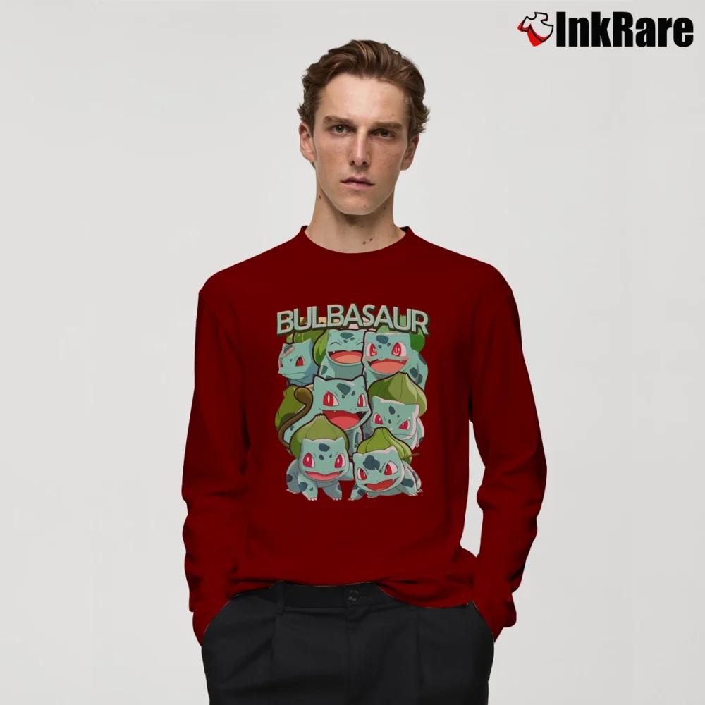 Men’s Bulbasaur Pokemon Retro Custom Graphic Long-Sleeve Shirt in maroon | Sleek, Lightweight, Year-Round Wear