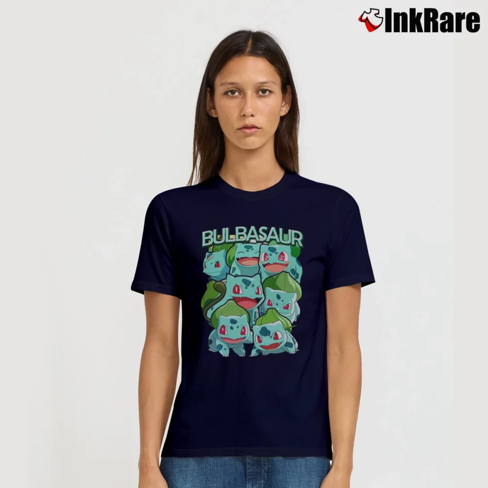 Women’s Bulbasaur Pokemon Retro Custom Graphic Signature T-Shirt in navy | Soft, Flattering Fit