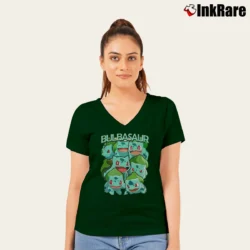 Women’s Bulbasaur Pokemon Retro Custom Graphic V-Neck Tee in forest green | Chic Neckline, Soft Texture